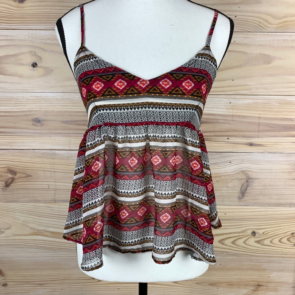 Wet Seal Camisole Womens XS Red Tribal Geometric Peplum Sheer Open Back Cami Top